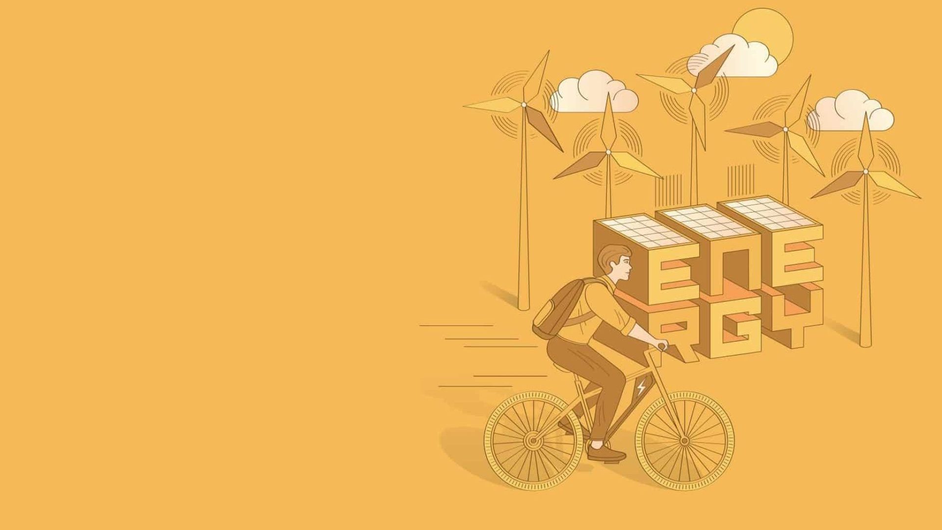 Sustainability future Template for banner website or presentation design with energy station solar and wind power. Man riding electric bike. Yellow background with copy space.  Sustainable Transportation. Vector Illustration for Landing Page Template, Website Banner, Advertisement and Marketing Material, Online Advertising, Business.