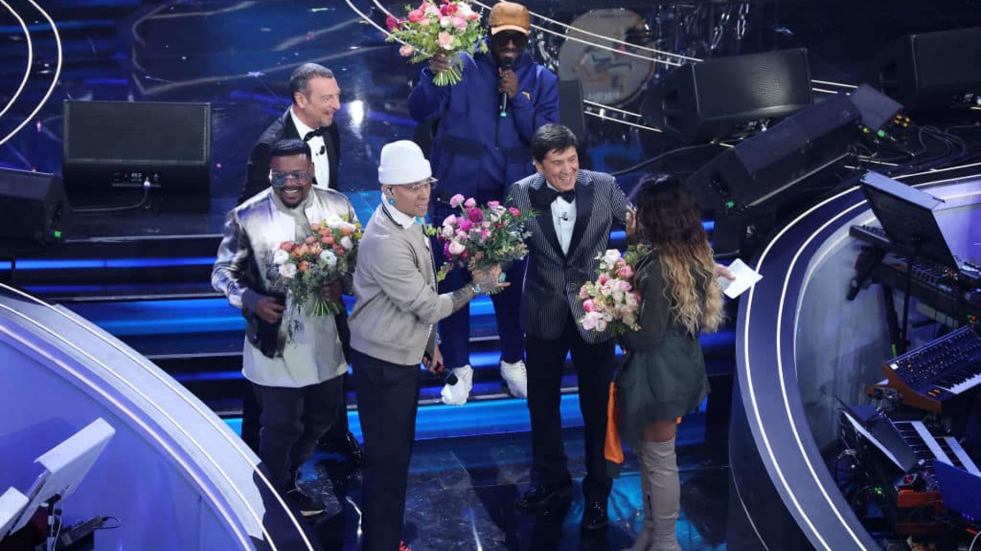 SANREMO, ITALY - FEBRUARY 08: Amadeus, Gianni Morandi and Black Eyed Peas band attend the 73rd Sanremo Music Festival 2023 at Teatro Ariston on February 08, 2023 in Sanremo, Italy. (Photo by Daniele Venturelli/Daniele Venturelli/Getty Images )