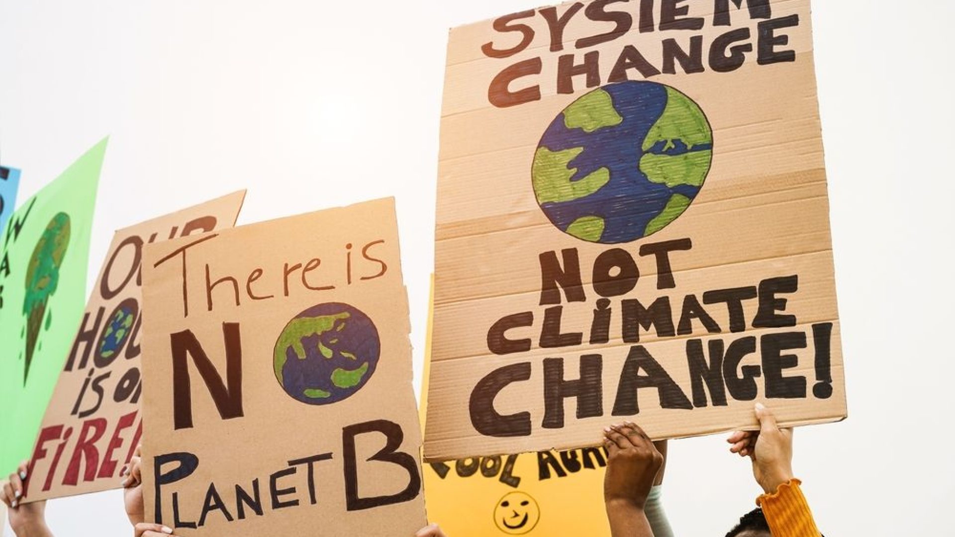 Young group of demonstrators on road from different culture and race protest for climate change - Focus on front hands holding banners