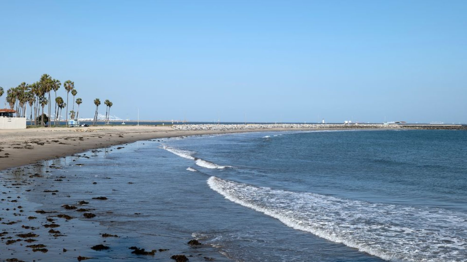 The beginning of the breakwater at Los Angeles and Long Beach Harbors